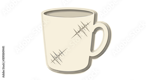 Scratched white mug with visible marks isolated on a plain background, featuring a simple handle and smooth surface