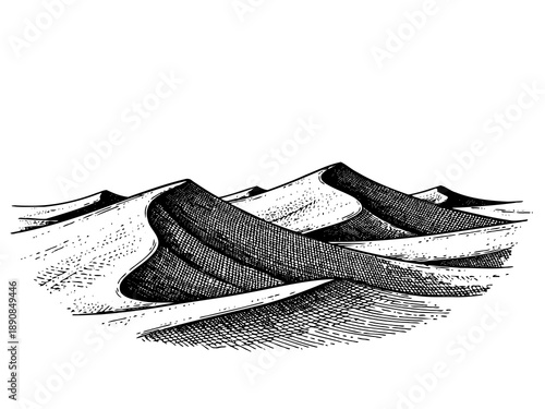 Sand dune engraving illustration for desert landscape branding