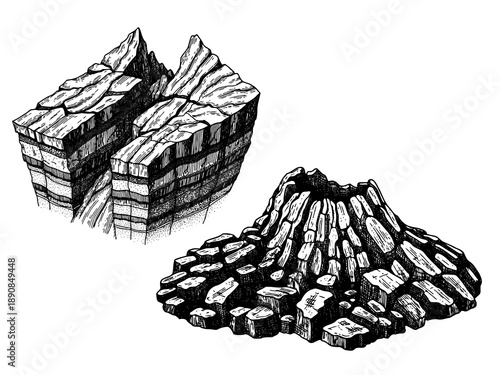 Volcanic rock formation engraving illustration for geology branding