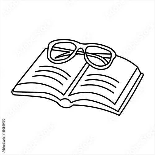 Black and white line art illustration of an open book with reading glasses resting on its pages, symbolizing knowledge and study.
