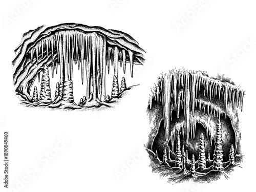 Cave stalactite engraving illustration for underground nature branding