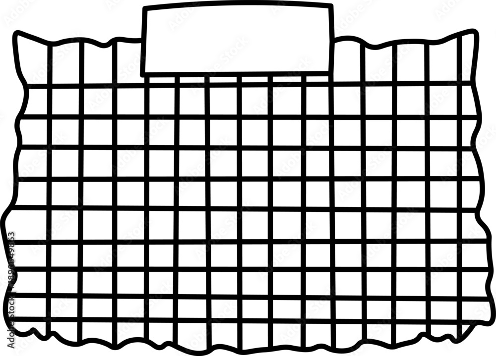 Fototapeta premium A simple black and white line art illustration of a rectangular grid pattern with a wavy, torn edge and a small tab at the top.