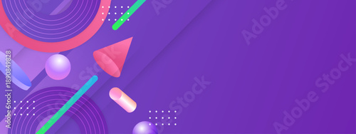 Dynamic purple background featuring 3D spheres cones and cylinders with neon accents for creative digital projects