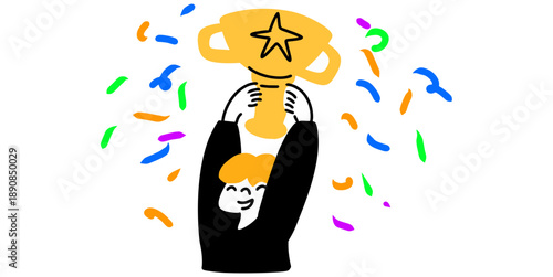 People with trophy illustration vector for success and achievement themes. Symbolizes winning and teamwork. Ideal for business awards and sports events.