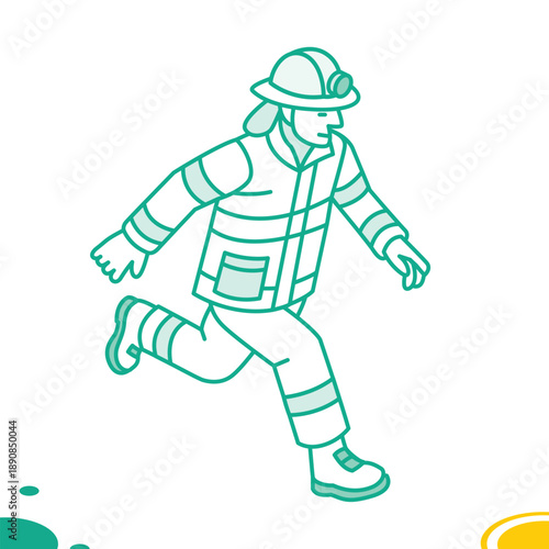 Outline running firefighter in protective uniform. Illustration. Man isolated on white background.