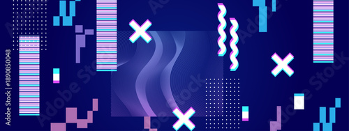 Edgy dark blue background with glitch effects distorted lines and retro digital elements for gaming and music