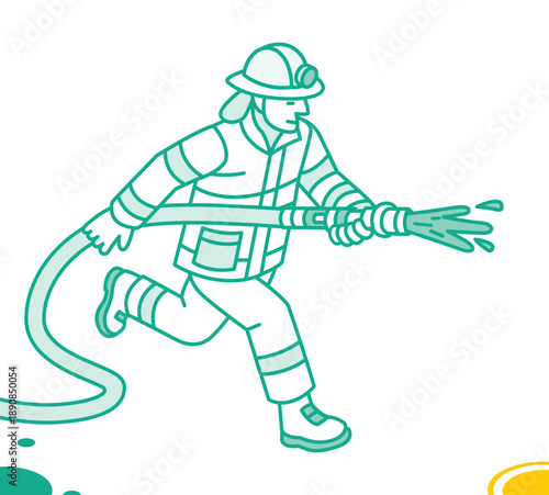 Isometric outline firefighter using a fire hose nozzle. Illustration. Emergency response, fire suppression, rescue work, and safety services. Man isolated on white background.