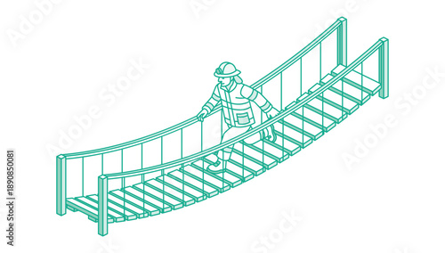 Isometric outline firefighter running across a rope suspension bridge. Illustration. Line art style. Isolated on a white background. Suitable for safety, rescue, emergency, and infographic design.