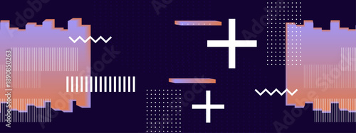 Aesthetic dark purple background with retro glitch effects featuring white plus signs and orange gradients