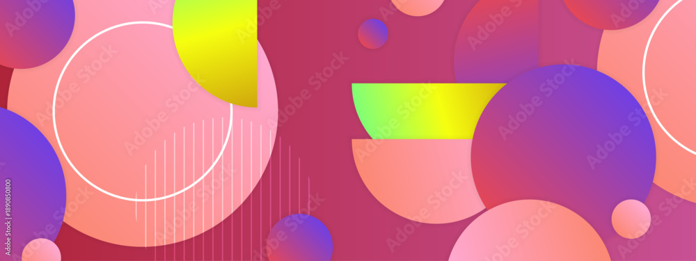 Fototapeta premium Abstract magenta background with colorful gradient circles and geometric elements