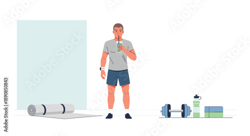 Man Drinking from Water Bottle after Exercise in a Fitness Setting with Equipment.eps