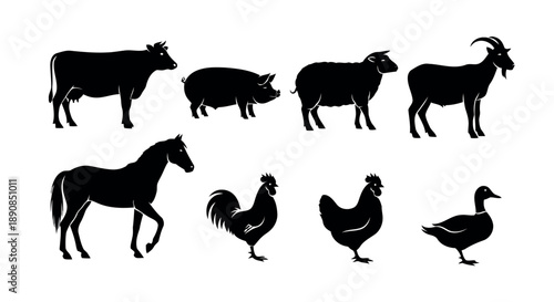 Farm animals collection including cow pig sheep goat horse rooster hen and duck as detailed black silhouettes representing agriculture livestock and countryside life barnyard