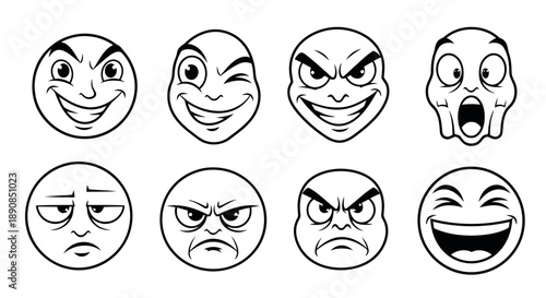 Eight expressive faces in black and white outline, conveying various emotions like happiness, sadness, anger, surprise, and winking, useful for emoticons.