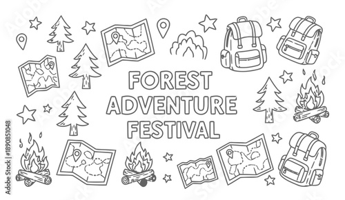 Forest adventure festival banner with backpacks trees maps campfires and stars conveying outdoor fun and exploration theme for event promotion