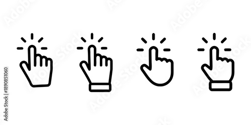 Four variations of cursor pointer hand icon indicating selection click action or interactive element on digital interface emphasizing user interaction and navigation on screen with animated effect