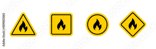 Flammable warning signs in various shapes including triangle square circle and diamond featuring black fire symbol on yellow background for industrial safety and hazardous material identification