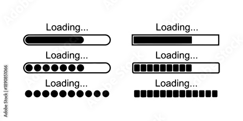 Four loading bar progress indicators showing different styles and stages of loading, buffering, and processing, with text 'Loading...', including horizontal bars, circles, and squares, on white