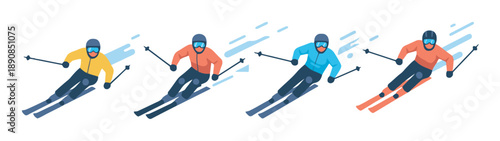 Four skiers in colorful outfits skiing downhill on snowy slopes with motion lines indicating speed and wind