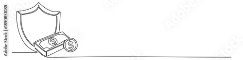 Continuous one line financial security drawing vector for banking designs. Minimalist shield and money art ideal for insurance logos and safety.
