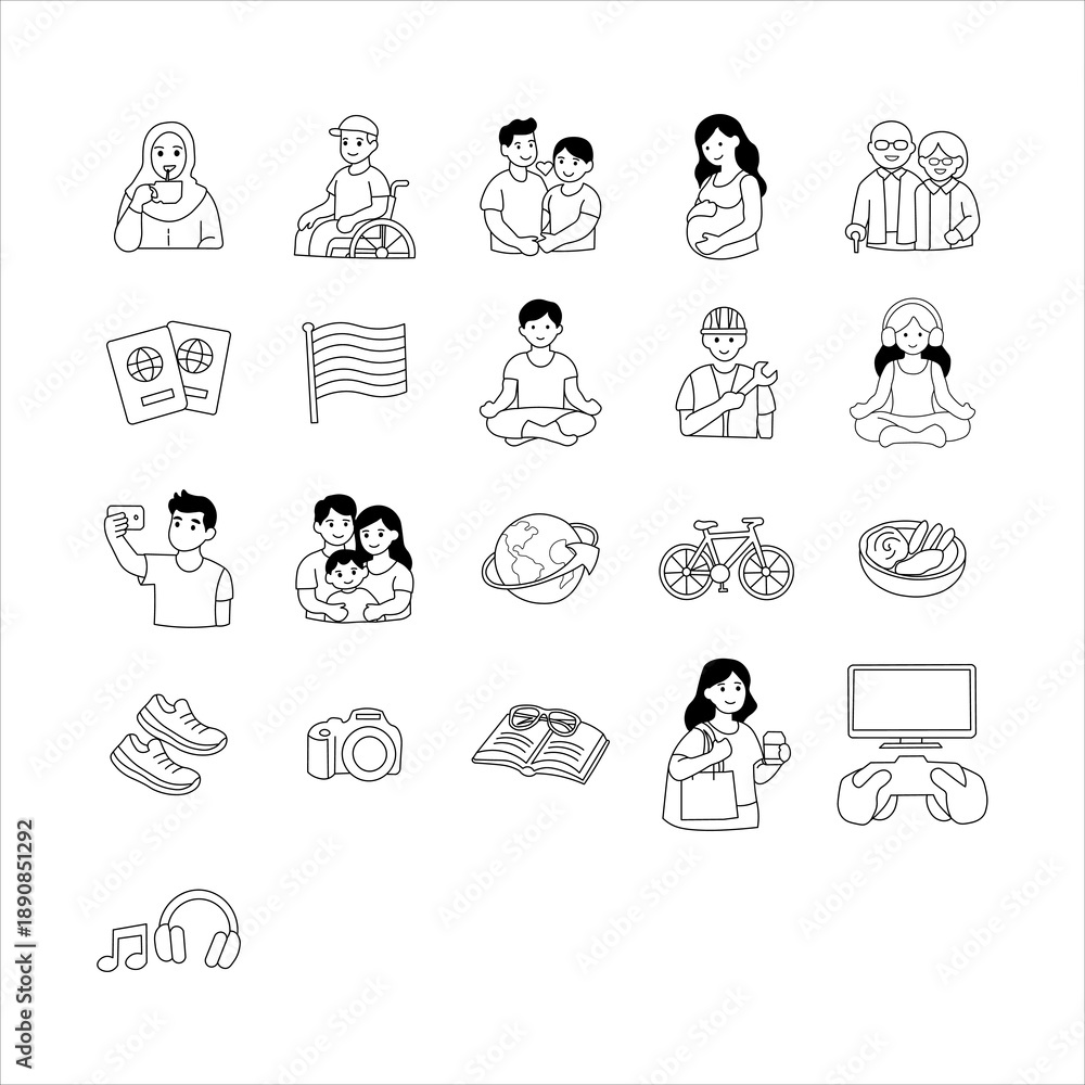 Fototapeta premium Diverse collection of black and white line art icons representing various aspects of modern life, hobbies, family, travel, and technology.