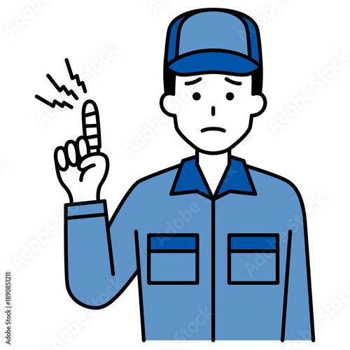 指を怪我しているつなぎ作業服の男性