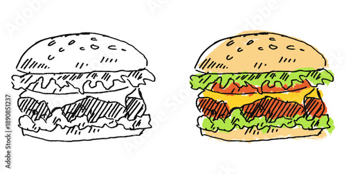Grunge sketch handdrawn burger vector for edgy menu themes. Messy ink style ideal for underground clubs and burger joints. Rough art.