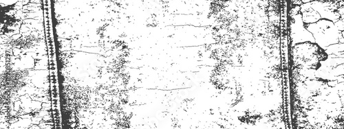 Black and White Grunge Distressed Texture Overlay with Cracked Surface and Vertical Tire Track Elements