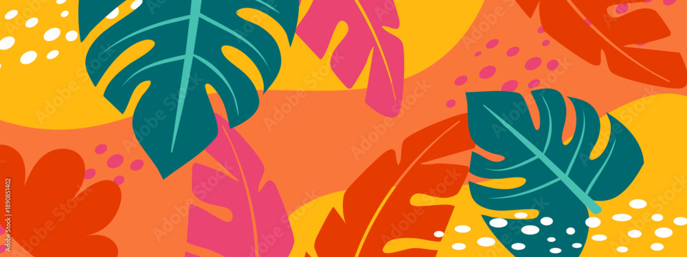 Naklejka premium Colorful jungle foliage illustration with monstera leaves and geometric dots in bright orange yellow and teal colors