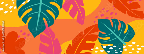Colorful jungle foliage illustration with monstera leaves and geometric dots in bright orange yellow and teal colors
