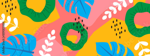 Stylish abstract illustration with blue monstera leaves and green organic shapes over a pink background
