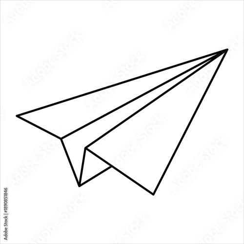 A simple black and white line art illustration of a classic paper airplane in flight.