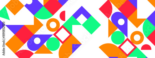 Vibrant abstract background featuring a creative composition of colorful geometric shapes like circles squares and triangles in a modern Bauhaus style