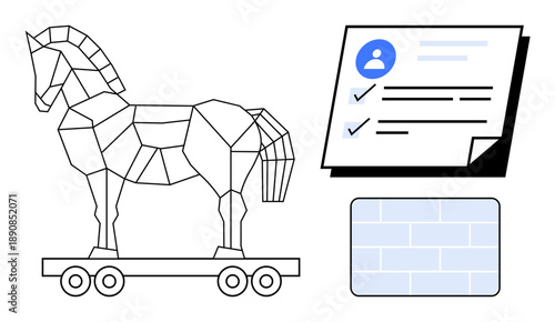 Geometric Trojan horse on wheels, user profile with verification checks, and a firewall pattern. Ideal for cybersecurity, hacking, phishing, digital fraud, online protection, deception risk