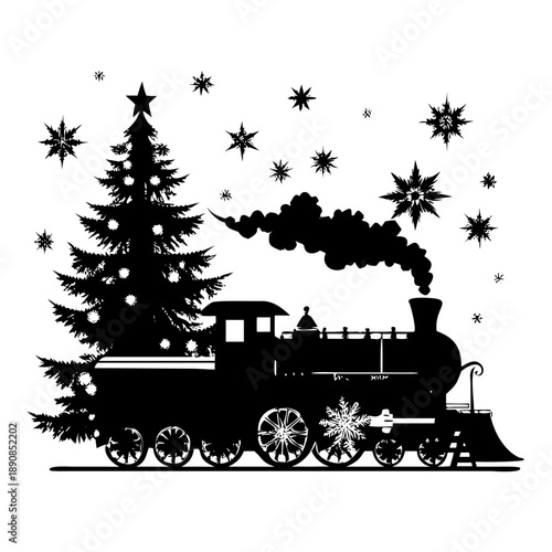 Vintage Christmas Steam Train and Decorated Pine Tree Silhouette Vector Art
