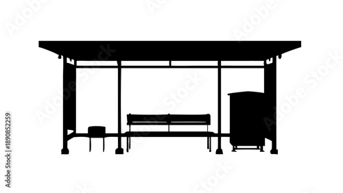 Modern Bus Stop Shelter with Bench and Trash Can Silhouette Vector Icon