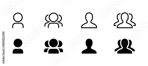 Group of people icons in outline and filled styles single person multiple users icons set for user representation team building and social connection concept vector graphics