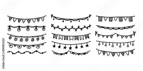 Hand drawn decorative party garlands and bunting banners for celebrations and festivals on white background vector