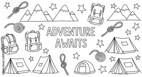 Hand drawn adventure and camping elements including mountains tents backpacks ropes stars and text adventure awaits in doodle sketch style simple outline vector