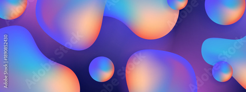 Colorful organic fluid shapes and floating spheres with smooth vibrant blue and orange gradients