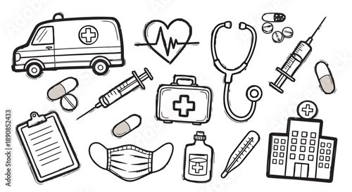 Hand drawn medical symbols and elements including ambulance hospital electrocardiogram stethoscope syringe pills mask thermometer and first aid kit simple outline sketch