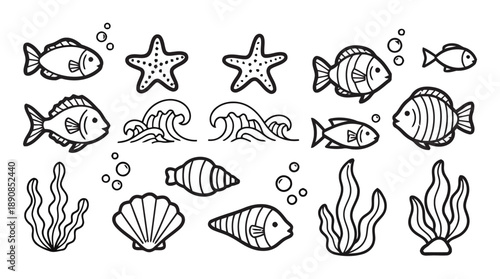 Hand drawn ocean sea life elements including fish starfish waves seashells and seaweed in doodle sketch style simple outline vector graphics