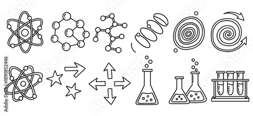 Hand drawn science and chemistry elements including atoms molecules flasks test tubes and abstract shapes in doodle sketch style simple outline vector graphics