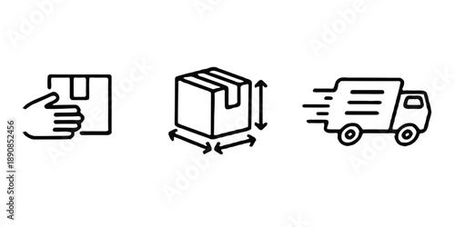 Hand holding package, shipping box dimensions, and delivery truck illustration, logistic icons
