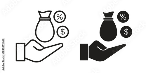 Hand holding money bag with percentage and dollar sign icons, symbolizing financial investment, savings, loan, and banking services concept illustration