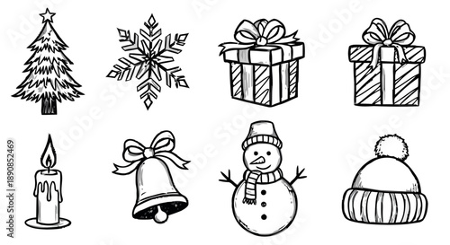 Hand-drawn black and white holiday elements including Christmas tree, snowflake, gift boxes, candle, bell, snowman, and winter hat, perfect for festive season designs
