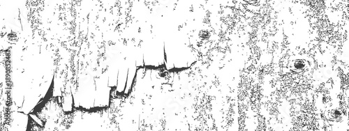 Grunge vector texture background of distressed weathered wood with peeling paint, cracks, and knots Black and white overlay element