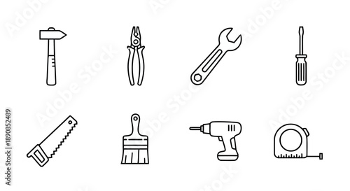 Handyman tool icons for home renovation and DIY projects including hammer, pliers, wrench, screwdriver, saw, paintbrush, drill and tape measure in outline style