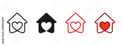 Home sweet home concept icons with house and heart combined in outline solid black red and vibrant red styles representing love and belonging