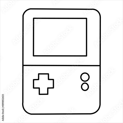 A simple, clean line drawing of a classic handheld video game console, reminiscent of the Game Boy.