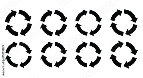 A grid of circular arrow patterns is displayed in stark black and white creating a visual repetition